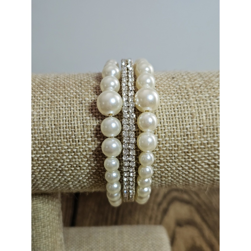Vintage Faux Pearl Rhinestone Stacked Stretch Cuff Bracelet Bridal Wedding